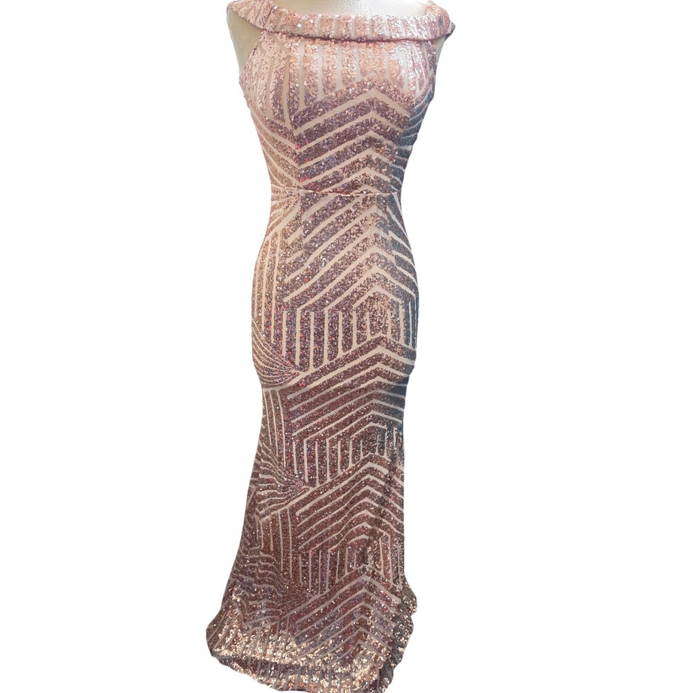 Rose Gold Sequin Geometric Art Deco Mermaid Maxi‎ Dress Off Shoulder Formal Gown